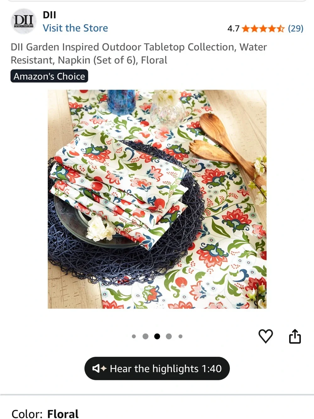 Floral Cotton Napkins - White with Red, Green & Blue Pattern